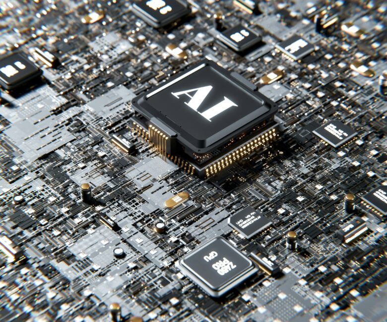 Chip con letras AI sobre placa base de circuitos electrónicos