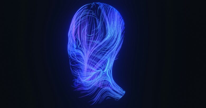Ilustración digital abstracta de un rostro humano construido con líneas de luz azul y morada sobre fondo negro
