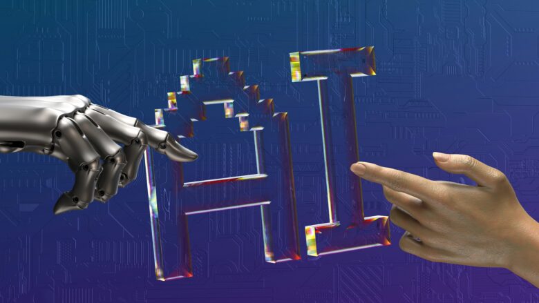 Mano robótica y mano humana señalando las letras AI sobre fondo de placa de circuitos azul, simbolizando la inteligencia artificial