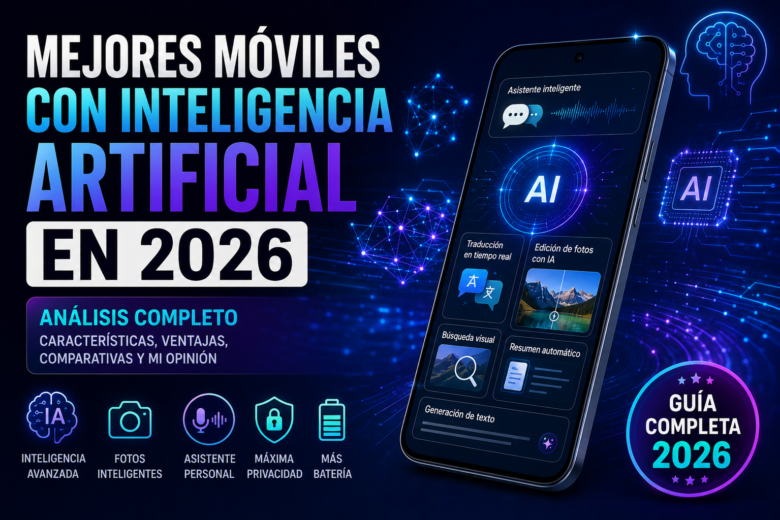 Mejores móviles con inteligencia artificial en 2026 mostrando funciones de IA como asistente inteligente, edición de fotos, traducción en tiempo real y generación de texto.