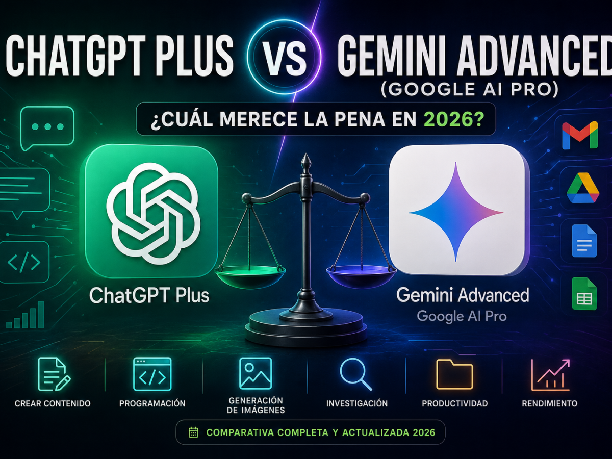 Comparativa entre ChatGPT Plus y Gemini Advanced (Google AI Pro) en 2026, analizando funciones, productividad, generación de imágenes, programación y creación de contenido.
