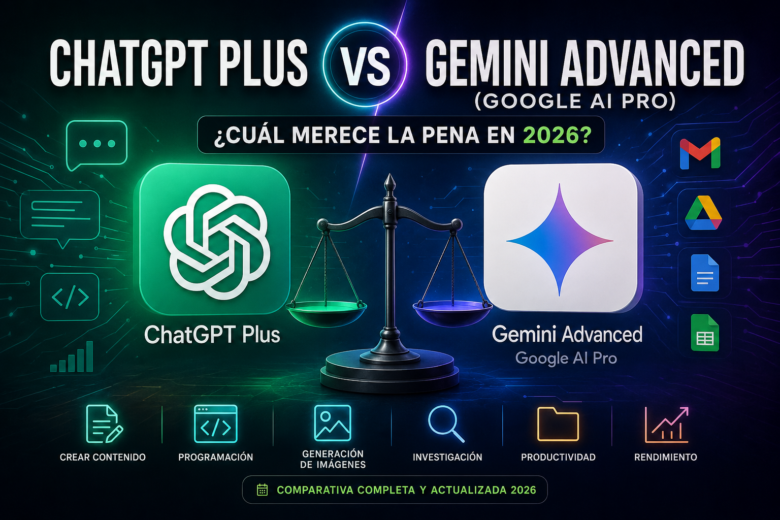 Comparativa entre ChatGPT Plus y Gemini Advanced (Google AI Pro) en 2026, analizando funciones, productividad, generación de imágenes, programación y creación de contenido.