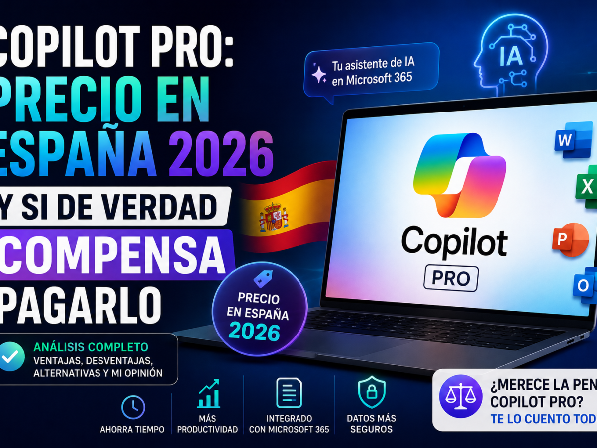 Portada sobre Microsoft Copilot Pro en España en 2026 mostrando una comparativa sobre su precio, funciones y si merece la pena pagar la suscripción.