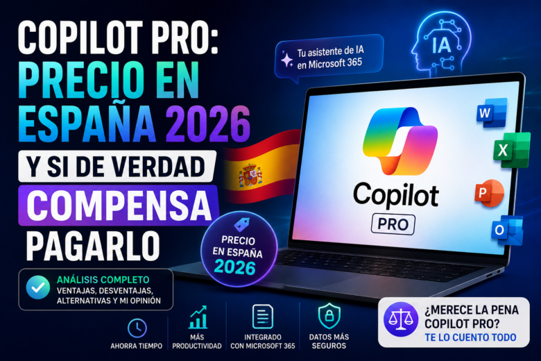 Portada sobre Microsoft Copilot Pro en España en 2026 mostrando una comparativa sobre su precio, funciones y si merece la pena pagar la suscripción.
