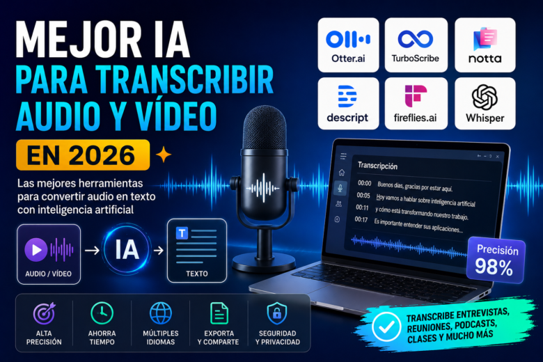 Comparativa de las mejores herramientas de inteligencia artificial para transcribir audio y vídeo en 2026, incluyendo opciones para entrevistas, reuniones y podcasts.