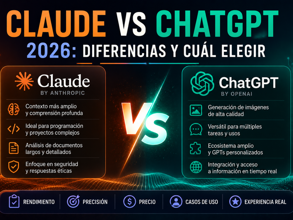 Comparativa entre Claude y ChatGPT en 2026 mostrando sus diferencias en programación, generación de imágenes, productividad y creación de contenido.