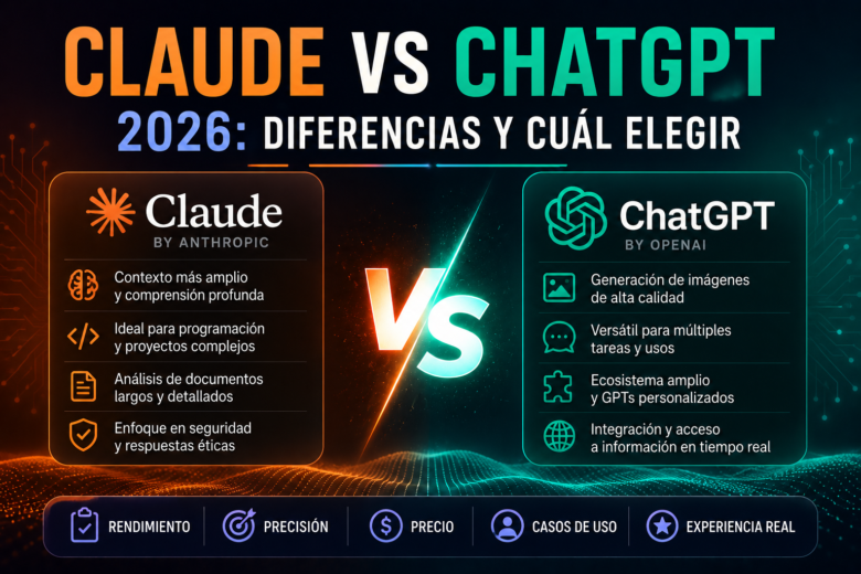 Comparativa entre Claude y ChatGPT en 2026 mostrando sus diferencias en programación, generación de imágenes, productividad y creación de contenido.