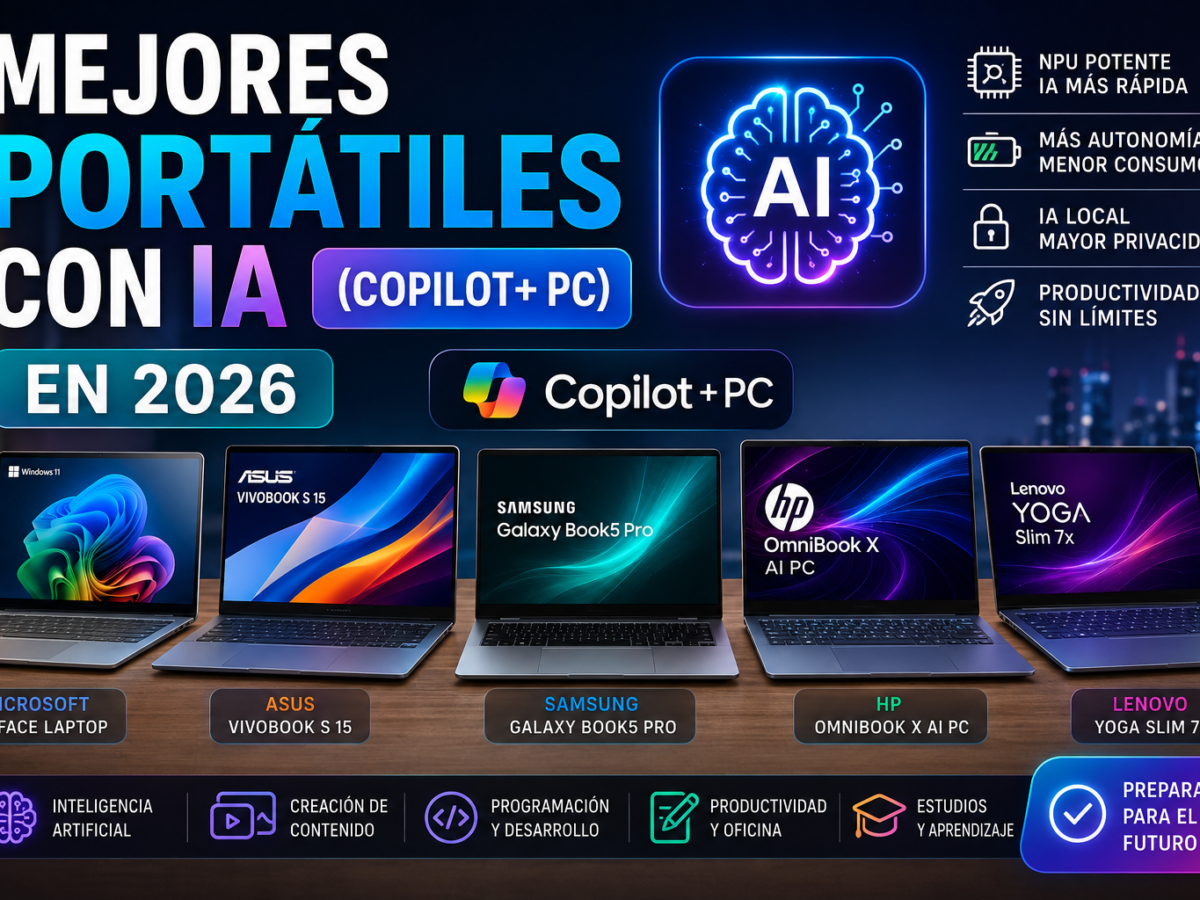 Comparativa de los mejores portátiles con inteligencia artificial y Copilot+ PC en 2026, incluyendo modelos de Microsoft, ASUS, Samsung, HP y Lenovo.