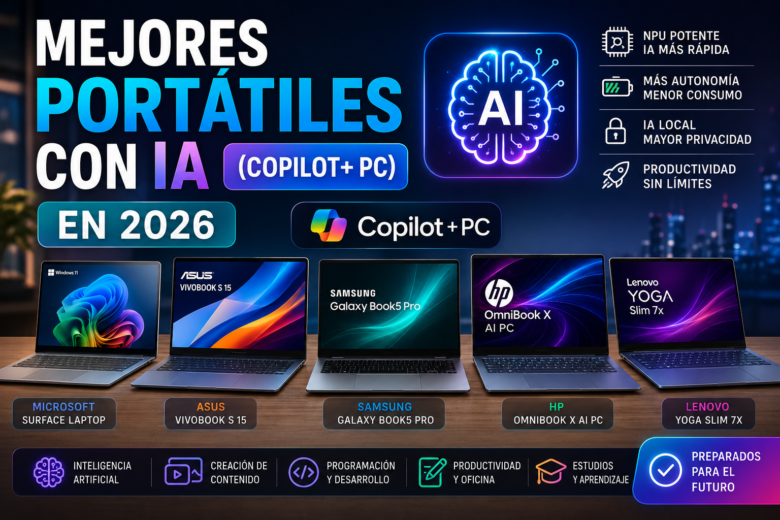 Comparativa de los mejores portátiles con inteligencia artificial y Copilot+ PC en 2026, incluyendo modelos de Microsoft, ASUS, Samsung, HP y Lenovo.