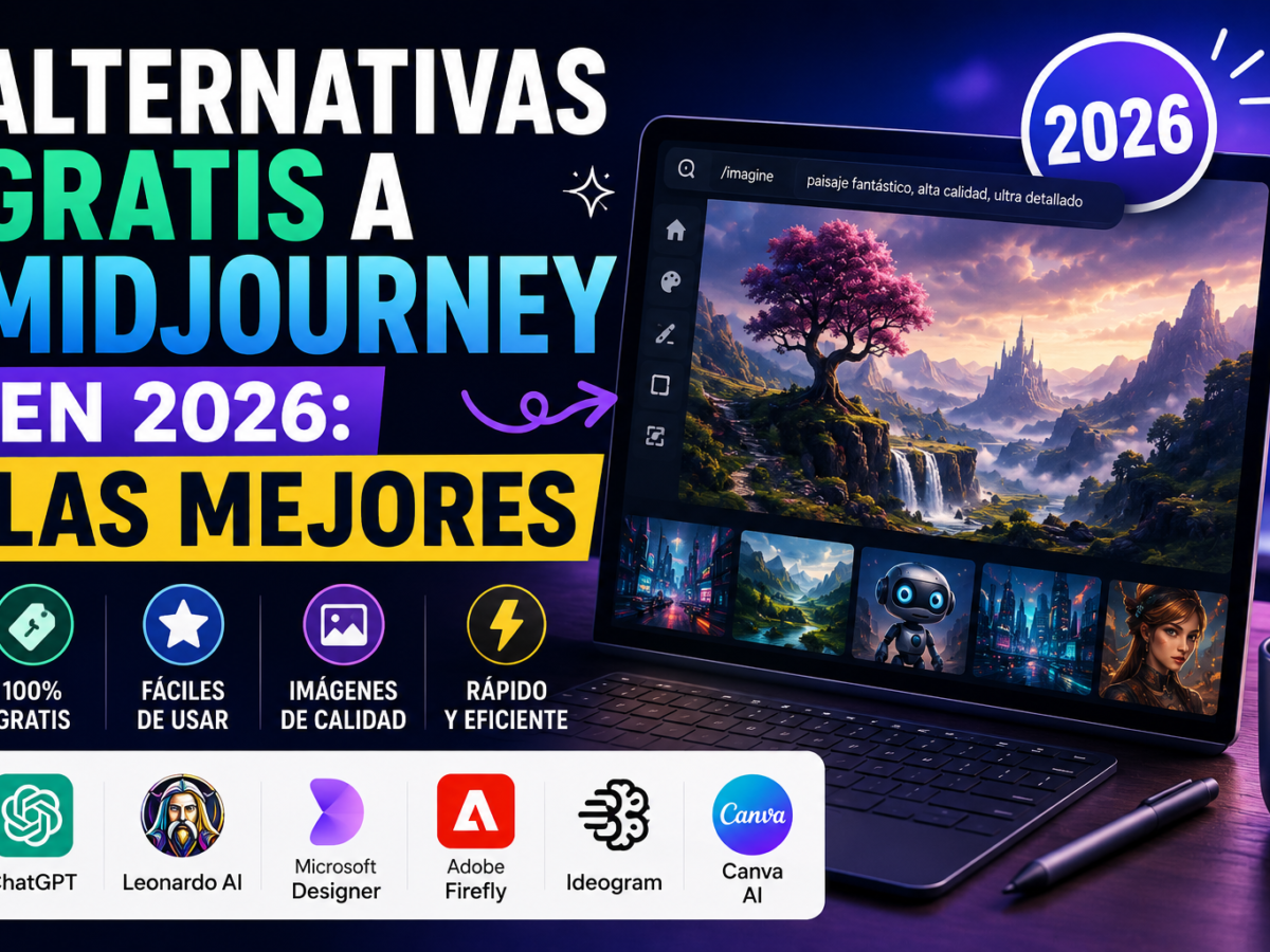 Comparativa de las mejores alternativas gratuitas a Midjourney en 2026 para crear imágenes con inteligencia artificial, incluyendo ChatGPT, Leonardo AI, Adobe Firefly y Microsoft Designer.