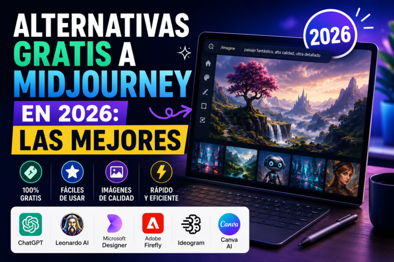 Comparativa de las mejores alternativas gratuitas a Midjourney en 2026 para crear imágenes con inteligencia artificial, incluyendo ChatGPT, Leonardo AI, Adobe Firefly y Microsoft Designer.