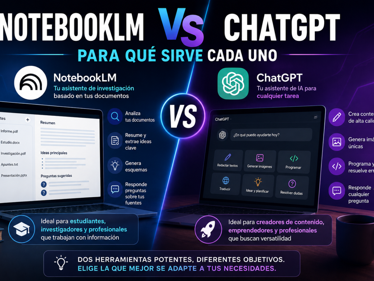 Comparativa entre NotebookLM y ChatGPT mostrando las diferencias entre ambas herramientas de inteligencia artificial para estudiar, analizar documentos, crear contenido y generar imágenes.