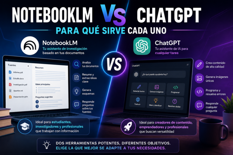 Comparativa entre NotebookLM y ChatGPT mostrando las diferencias entre ambas herramientas de inteligencia artificial para estudiar, analizar documentos, crear contenido y generar imágenes.