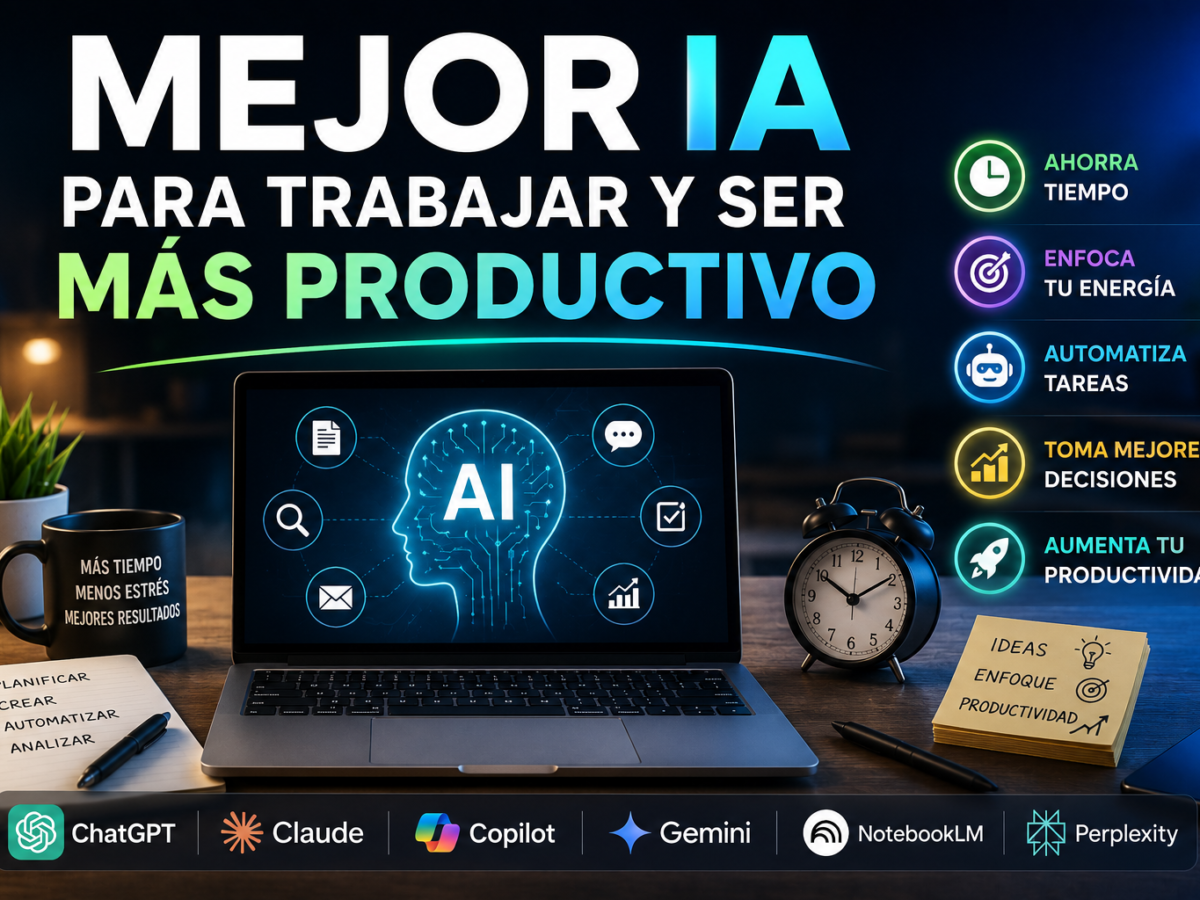 Portada sobre las mejores herramientas de inteligencia artificial para trabajar y aumentar la productividad en 2026, incluyendo ChatGPT, Claude, Copilot, Gemini, NotebookLM y Perplexity.