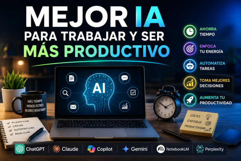 Portada sobre las mejores herramientas de inteligencia artificial para trabajar y aumentar la productividad en 2026, incluyendo ChatGPT, Claude, Copilot, Gemini, NotebookLM y Perplexity.