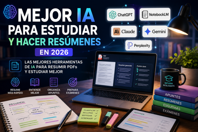 Portada sobre las mejores herramientas de inteligencia artificial para estudiar y hacer resúmenes de documentos y PDFs en 2026.