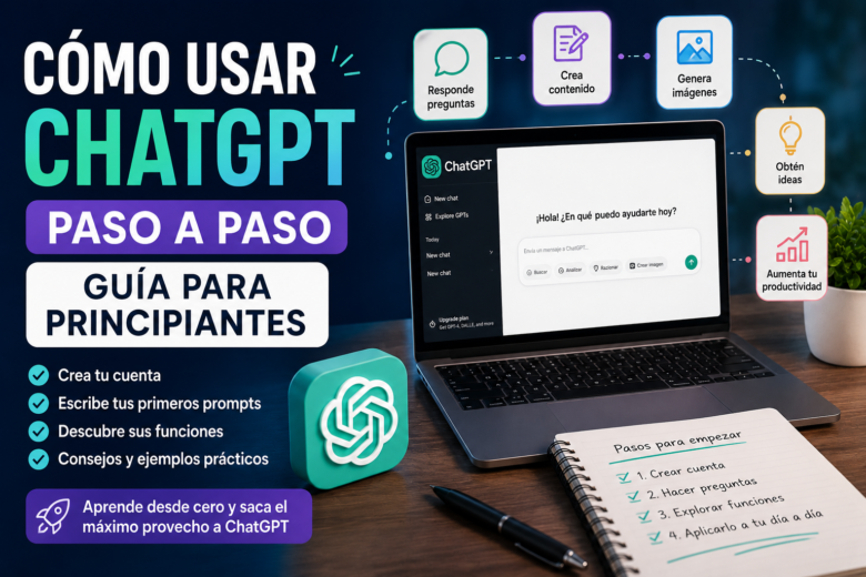 Guía paso a paso para aprender a usar ChatGPT en 2026, mostrando un ordenador con ChatGPT abierto, ejemplos de funciones como crear contenido, generar imágenes y aumentar la productividad.