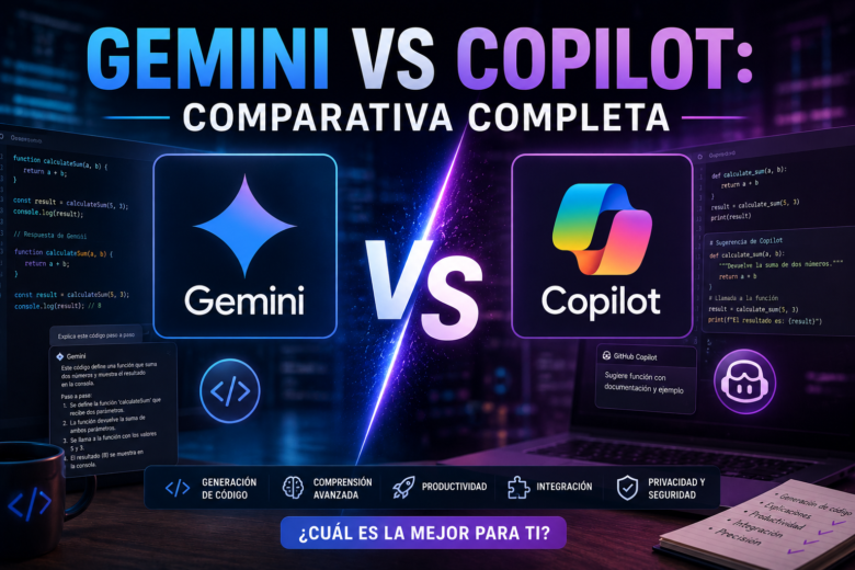 Comparativa visual entre Gemini y Microsoft Copilot mostrando sus logotipos, funciones de programación con IA y características como generación de código, productividad e integración.