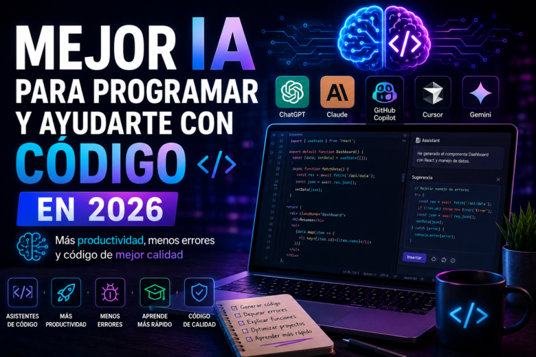 Portada sobre las mejores herramientas de inteligencia artificial para programar en 2026, mostrando un portátil con código, asistentes de IA como ChatGPT, Claude, GitHub Copilot, Cursor y Gemini, y elementos tecnológicos futuristas.