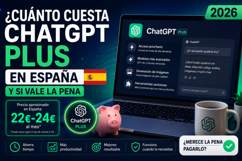 Portada sobre el precio de ChatGPT Plus en España en 2026, mostrando un ordenador portátil con ChatGPT Plus, el coste aproximado de la suscripción y sus principales ventajas para crear contenido y aumentar la productividad.