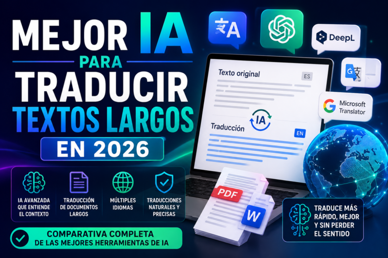 Portada sobre las mejores herramientas de inteligencia artificial para traducir textos largos en 2026, mostrando un portátil con documentos, traductores de IA y herramientas para traducir artículos, PDFs y documentos extensos.