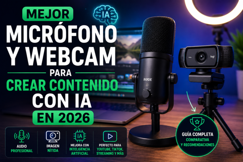 Micrófono USB y webcam profesional para crear contenido con inteligencia artificial en 2026, mostrando un setup para YouTube, streaming y creación de vídeos.