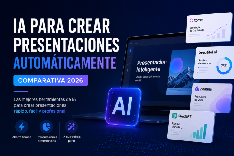 Portada sobre herramientas de inteligencia artificial para crear presentaciones automáticamente con comparativa 2026 entre ChatGPT, Gamma, Tome y Beautiful.ai.